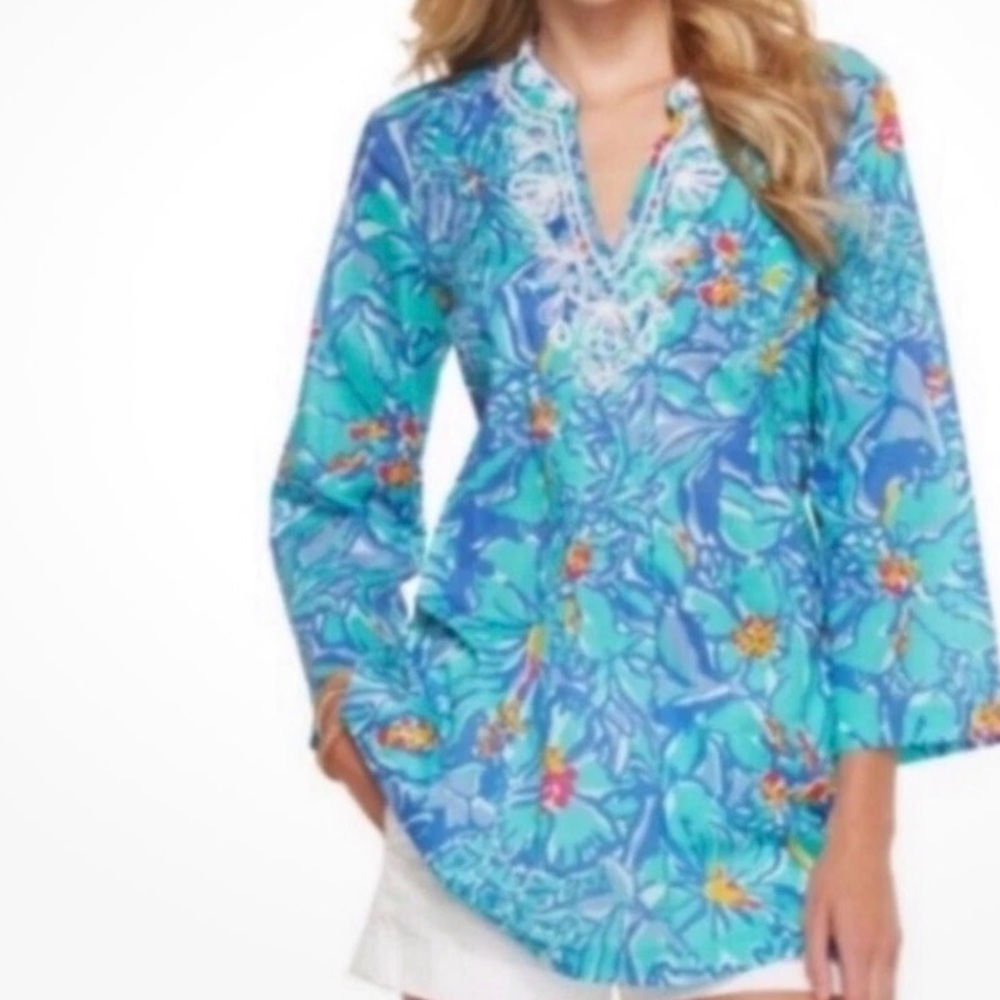 Lilly Pulitzer Beaded Blue Iris Mai Tai Tunic Top Women’s Size XS Pearls Cotton